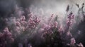 Generative AI, Close up growing lavender field with perfume smoke, flowering lavandula