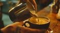Generative AI Close up hand of man barista pouring froth milk in espresso coffee in coffee cup making caffe latte