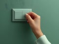 Generative AI. Close-Up of a Hand Turning Off a Light Switch Against a Teal Wall Royalty Free Stock Photo