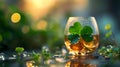 Generative AI. A close-up image of a whiskey glass with a three-leaf clover inside, standing on a glistening wet surface