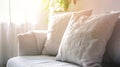 Generative AI Close up light fabric sofa with light grey pillow in warm cozy home interior background Pillows on w Royalty Free Stock Photo