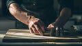 Generative AI Close up of male hands using sandpaper on a piece of wood business concept.