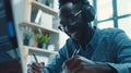 Generative AI Close up of male worker in headset making notes and smiling while sitting at the table in office bus