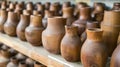 Generative AI Close up many groups of handmade wooden vase stock on the shelf at the vase store Vase stock is read