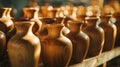 Generative AI Close up many groups of handmade wooden vase stock on the shelf at the vase store Vase stock is read