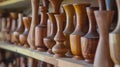 Generative AI Close up many groups of handmade wooden vase stock on the shelf at the vase store Vase stock is read