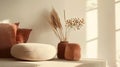 Generative AI Close up of minimalistic composition at living room with brwon velur pouf pillows flowers and elegan Royalty Free Stock Photo