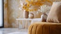 Generative AI Close up of minimalistic composition at living room with brwon velur pouf pillows flowers and elegan Royalty Free Stock Photo