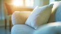 Generative AI Close up pillow on sofa at home in morning with sunlightFurniture in house background with light sha Royalty Free Stock Photo