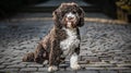 Generative AI Close up of poised spanish water dog on a cobblestone path showcasing its curly brown and white coat