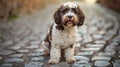 Generative AI Close up of poised spanish water dog on a cobblestone path showcasing its curly brown and white coat