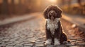 Generative AI Close up of poised spanish water dog on a cobblestone path showcasing its curly brown and white coat