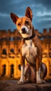 Generative AI Close up portrait dog breed Basenji sitting at sand and looking in camera enjoying sun in Barcelona Royalty Free Stock Photo