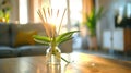 Generative AI close up of reed diffuser and house plant aloe vera on wooden table in bright living room with scand Royalty Free Stock Photo