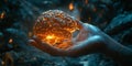 Generative Ai, Close up of a researcher\'s hand holding a human brain which lights up as a sign that the brain Royalty Free Stock Photo