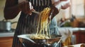 Generative AI Close up of unrecognizable black woman mixing pasta in bowl while cooking in cozy kitchen copy space