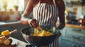 Generative AI Close up of unrecognizable black woman mixing pasta in bowl while cooking in cozy kitchen copy space