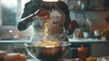 Generative AI Close up of unrecognizable black woman mixing pasta in bowl while cooking in cozy kitchen copy space