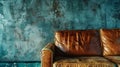 Generative AI close up vintage style of interior decoration the leather sofa and concrete wall business concept. Royalty Free Stock Photo