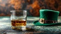 Generative AI. Close-up of whiskey in crystal glass on dark surface, next to a green hat, with soft-focus background