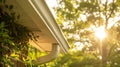 Generative AI Close up of white frame gutter guard system eaves through fascia drip edge colonial white soffit wit