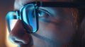 Generative AI Close Up Young Man in Fashion Glasses Eye Looking Monitor Surfing Internet Stylish Male Working With Royalty Free Stock Photo