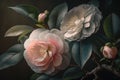 Generative AI. Closeup of beautiful flowers of Camellia japonica