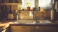 Generative AI Closeup on beige kitchen countertop with decorations stylish tap and lamp small sink and wooden furn