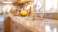 Generative AI Closeup on beige kitchen countertop with decorations stylish tap and lamp small sink and wooden furn