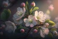 Generative AI, Closeup blossoming tree brunch with white flowers. Flowering of apple trees. Beautiful blooming apple tree branch
