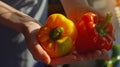 Generative AI Closeup cut bell pepper in female hands in the kitchen business concept. Royalty Free Stock Photo