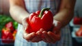 Generative AI Closeup cut bell pepper in female hands in the kitchen business concept. Royalty Free Stock Photo