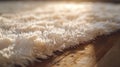 Generative AI Closeup detail of white shaggy carpet on brown wooden floor Hairy carpet detail business concept. Royalty Free Stock Photo