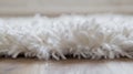 Generative AI Closeup detail of white shaggy carpet on brown wooden floor Hairy carpet detail business concept. Royalty Free Stock Photo
