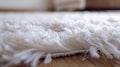 Generative AI Closeup detail of white shaggy carpet on brown wooden floor Hairy carpet detail business concept. Royalty Free Stock Photo