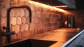 Generative AI Closeup on elegant kitchen with black faucet and copper hexagonal wall tiles and copper sink busines