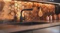 Generative AI Closeup on elegant kitchen with black faucet and copper hexagonal wall tiles and copper sink busines