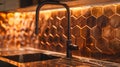 Generative AI Closeup on elegant kitchen with black faucet and copper hexagonal wall tiles and copper sink busines