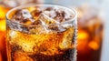 Generative AI Closeup of fizzy soda in glass filled with ice cubes business concept.
