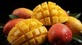 Generative AI, closeup fresh mango fruit background. Tropical exotic closeup photo