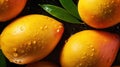 Generative AI, closeup fresh mango fruit background. Tropical exotic closeup photo