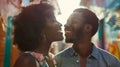 Generative AI Closeup low angle view portrait of a cool african couple laughing talking in a colorful street busin Royalty Free Stock Photo