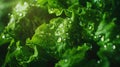 Generative AI Closeup macro view of fresh green Lettuce leaves with water drops high resolution business concept. Royalty Free Stock Photo