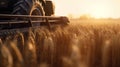 Generative AI, closeup modern combine harvester on a wheat field, farm landscape, agricultural beautiful countryside. Nature