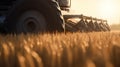 Generative AI, closeup modern combine harvester on a wheat field, farm landscape, agricultural beautiful countryside. Nature