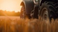 Generative AI, closeup modern combine harvester on a wheat field, farm landscape, agricultural beautiful countryside. Nature