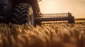 Generative AI, closeup modern combine harvester on a wheat field, farm landscape, agricultural beautiful countryside. Nature
