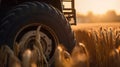 Generative AI, closeup modern combine harvester on a wheat field, farm landscape, agricultural beautiful countryside. Nature