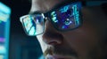 Generative AI Closeup portrait of focused software engineer wearing eyeglasses looking at computer screen working