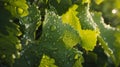 Generative AI closeup of raindrops on grape leaves business concept.